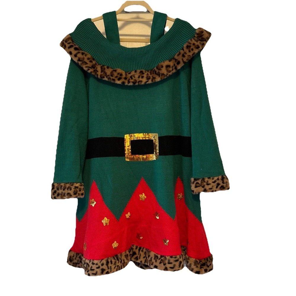 Womens 1X 16/18 Red Green Leopard Print Fuzzy Trim‎ Elf Christmas Sweater Dress